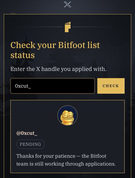 A Bitfoot list status check screen for the X handle "0xcut_" showing a pending application status with a frog avatar.