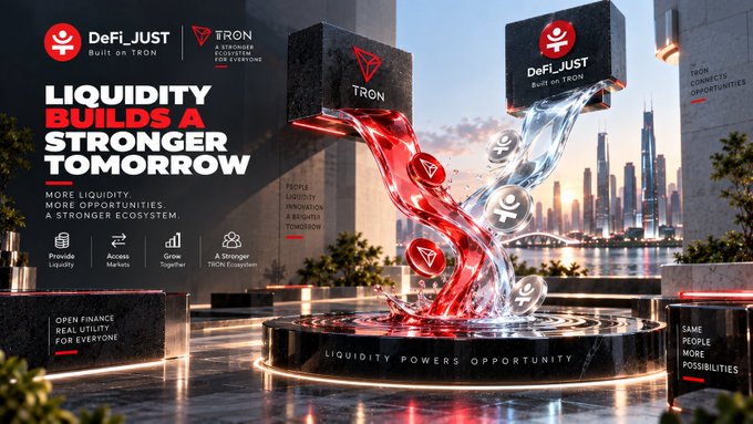 A promotional graphic for 'DeFi_JUST' built on TRON, displaying 'LIQUIDITY BUILDS A STRONGER TOMORROW' alongside a 3D rendering of red and blue liquid pouring into a fountain.