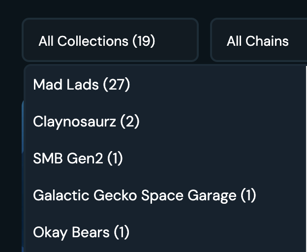 A dropdown menu on a dark-themed interface shows "All Collections (19)" selected next to "All Chains," with options including Mad Lads (27), Claynosaurz (2), SMB Gen2 (1), Galactic Gecko Space Garage (1), and Okay Bears (1). The image highlights that the user owns 27 Mad Lads NFTs—the most of any collection in their wallet—supporting the caption's boast about being deeply invested in the Mad Lads community.