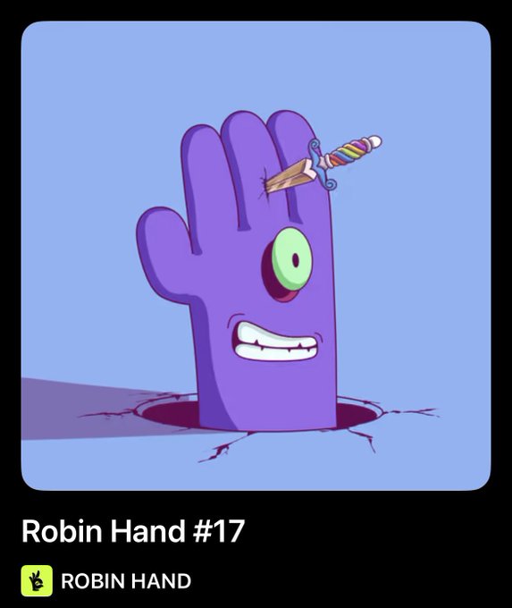 A cartoon purple hand character labeled 'Robin Hand #17' with a single eye and mouth, stabbed by a rainbow-colored dagger, with 'ROBIN HAND' text below.