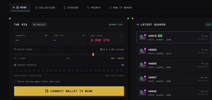 The image shows a mining dashboard interface for RobinGuards, displaying a "Mine" section with a hash rate of 5.0 K/s CPU threads, 78% device usage, 0% mining progress, and a current wallet price of 0.002 ETH. On the right side, a "Latest Guards" live feed lists NFT guardians (#0679 through #0686) with their multipliers, mining points earned, and time elapsed. A yellow "Connect Wallet to Mine" button is prominently displayed, directly relating to the post about how staked NFTs earn 50 points/hour toward a $300K token airdrop.