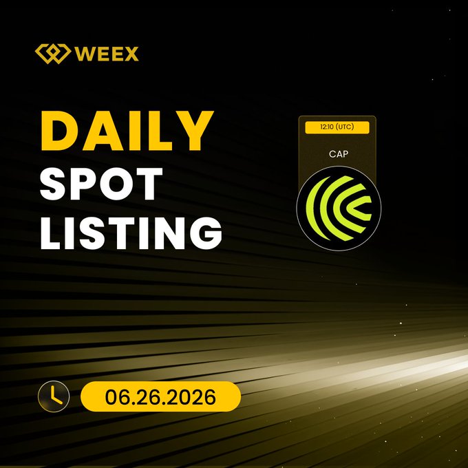 The image is a WEEX "Daily Spot Listing" announcement graphic dated 06.26.2026, featuring the $CAP token with a listing time of 12:10 (UTC), directly corresponding to the accompanying post about WEEX's spot listing report for $CAP.