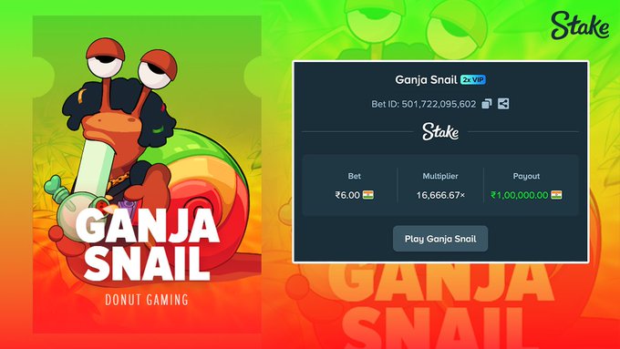 A promotional graphic for Stake.com's "Ganja Snail" game by Donut Gaming displays a colorful cartoon snail smoking, alongside a game interface showing a bet of ₹6.00, a 16,666.67x multiplier, and a payout of ₹1,00,000.00, tying into the playful "That's how we roll!" caption with its slang nod to marijuana culture and the snail's slow "roll."