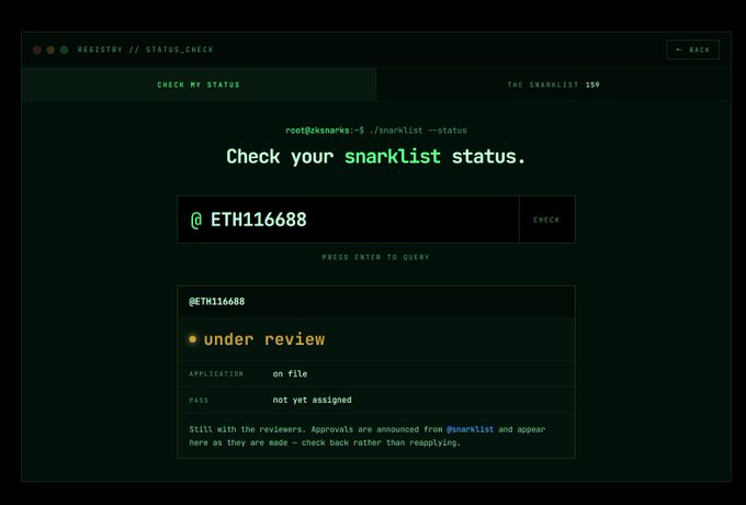 A terminal-style interface titled 'REGISTRY // STATUS_CHECK' showing @ETH116688's application is 'under review' for The Snarklist 159.