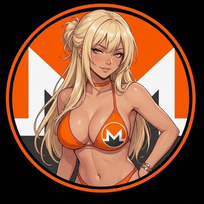 An anime-style illustration of a blonde woman wearing an orange bikini top with a Monero cryptocurrency logo, set against an orange, white, and black geometric background.