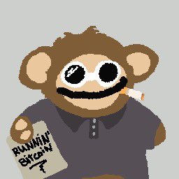 A cartoon illustration of a brown monkey character wearing black glasses, a dark blue polo shirt, smoking a cigarette, and holding a sign that reads 'RUNNIN BITCOIN I'.