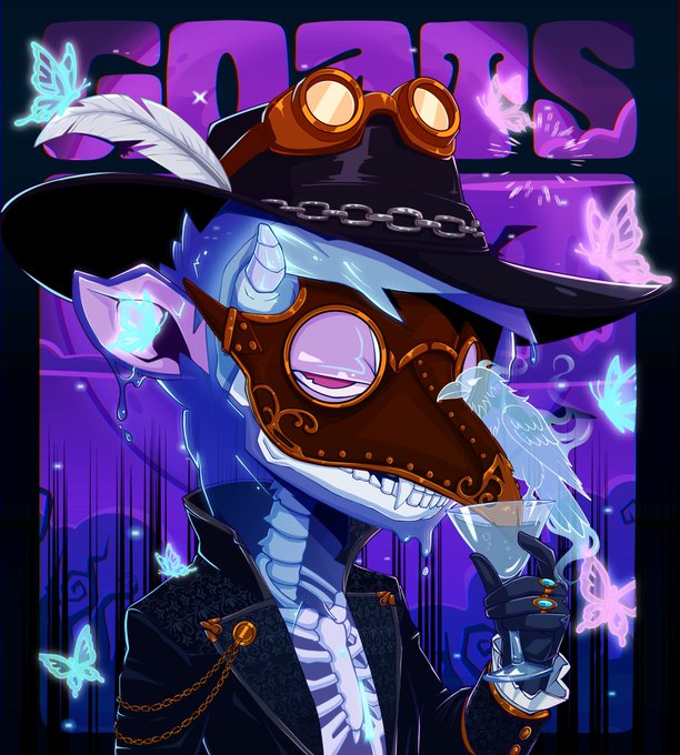 A stylized blue dragon with a steampunk plague doctor mask and top hat holds a glowing martini glass, surrounded by ethereal purple and teal butterflies, with "GOATS" displayed in bold purple lettering at the top—aligning with the artist's submission to the GoatsOfSolana art contest featuring a creative original character.
