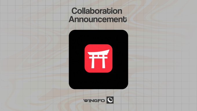 The image features a "Collaboration Announcement" graphic with a red app icon displaying a Japanese torii gate symbol on a black background, with "WINGFO" branded at the bottom. The accompanying post announces Wingfo's collaboration with @0xhazels to launch an NFT collection featuring an Attention Layer, Free Mint Launchpad, and RWA, with details on supply (5,555), mint price, and mint date to be announced, plus an upcoming raffle on Discord.