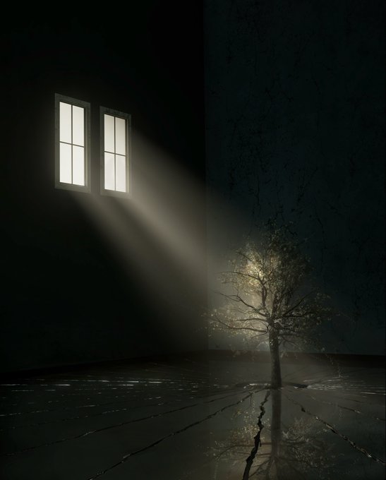Atmospheric image of light streaming through two windows in a dark room, illuminating a single tree standing on a reflective, cracked floor.