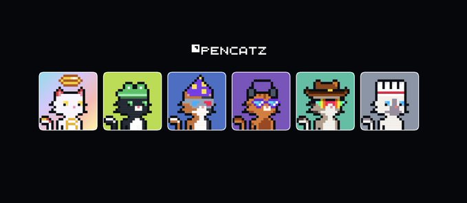 Six pixel-art cat characters labeled 'OPENCATZ' displayed in a row, each with different accessories including a halo, frog hat, wizard hat, sunglasses, cowboy hat, and nurse cap.