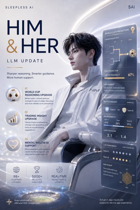Promotional graphic for "HIM & HER LLM Update" by Sleepless AI, featuring a young man in a white jacket alongside futuristic UI panels displaying a 67% World Cup prediction, trading insights (Team A 41% vs Team B 31%), and mental wellness support metrics—directly visualizing the upgrade's sharper reasoning, smarter trading guidance, and more human-centric assistance.
