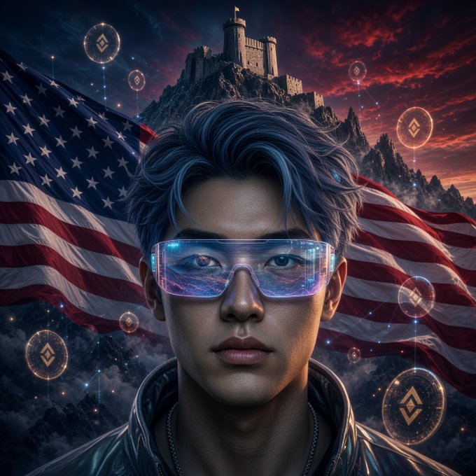 A digital art portrait of an East Asian man wearing glowing blue neon glasses, with an American flag, a castle on a mountain peak, and floating circular emblems in the background against a dramatic red and blue sky.
