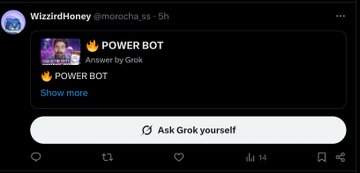 A screenshot of a Twitter post from 'WizzardHoney' (@morocha_sx) tagging 'POWER BOT' and 'Answer by Grok', with an 'Ask Grok yourself' button at the bottom.