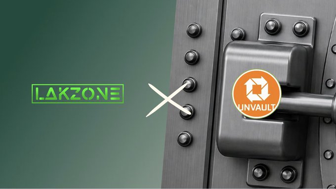 The image features a metal vault door background with "LAKZONE" displayed in green neon text on the left, a white "X" symbol in the center, and an orange "UNVAULT" logo on the right, visually representing the collaboration between the two NFT platforms.