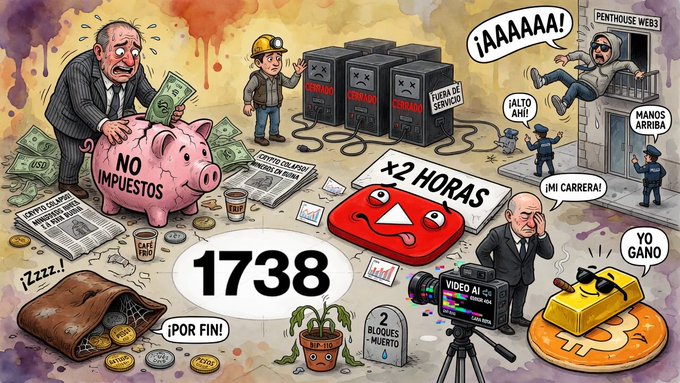 A chaotic illustrated collage in Spanish with the central text '1738' surrounded by various YouTuber references including 'x2 HORAS', 'MANOS DE TERNURA', 'PENTHOUSE WEB3', and '¡POR FIN!' featuring caricatures, YouTube buttons, and gold bars.