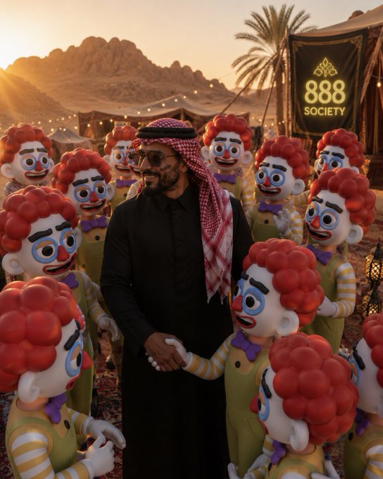 A man in traditional Arab attire (keffiyeh and thobe) stands at sunset in a desert encampment, smiling as he's surrounded by numerous cartoon clown figures with red hair and purple bowties, while a banner reading "888 SOCIETY" hangs in the background—visually celebrating the successful minting of the 888 Society NFT collection.