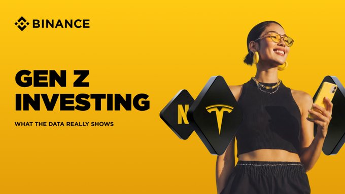 A Binance promotional banner with a vibrant yellow background features a smiling woman in yellow sunglasses and tassel earrings holding a phone, alongside floating app icons displaying Tesla (TSLA) and Netflix (NFLX) logos. The bold text reads "GEN Z INVESTING: WHAT THE DATA REALLY SHOWS," tying the visual to Binance's community-focused narrative about younger generations' investment behaviors.