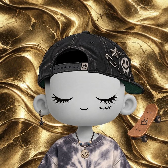 A pale cartoon figure with closed eyes and stitched lips wears a black cap featuring a "Crown" logo pin and a crown-emblem patch, paired with a smiley-face pendant necklace, set against a shimmering gold backdrop with a miniature wooden skateboard bearing a crown logo. The image's streetwear and skate culture motifs visually reinforce the NYX project's playful, community-driven NFT leaderboard campaign where users earn whitelist spots through interactive activities.