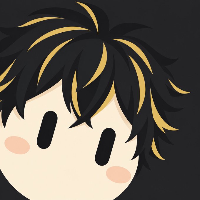 A stylized cartoon illustration of a character's face with messy black and yellow hair, large oval eyes, and pink cheeks against a black background.