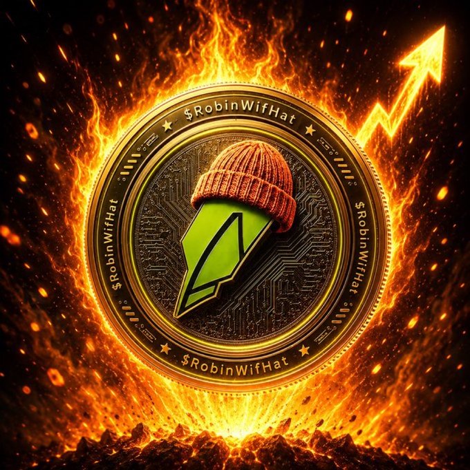 A digital artwork of a cryptocurrency coin featuring a green arrow logo wearing a beanie, surrounded by flames and an upward arrow, with '$RobinWifHat' written around the edge.