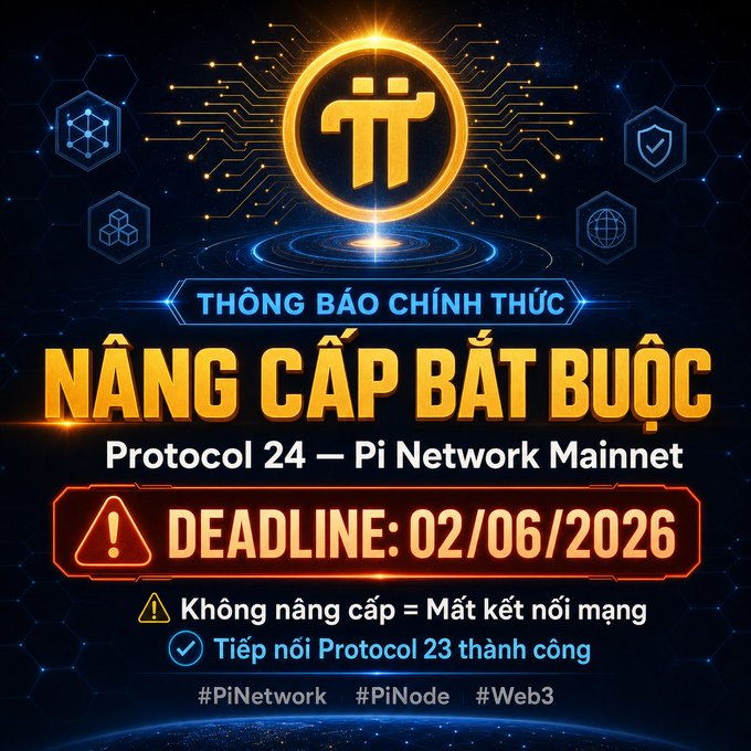 The image features a poster for a network called "Nang Cap Bat Búc" or "Nang Cap Búc", which is a protocol developed by Pi Network. The poster has a blue background with gold text, including the words "Protocol 24 - Pi Network Mainnet". There are also icons representing different elements of the network on the poster. The image includes a warning that says "Deadline: 02/06/2026" and an explanation about what is in the image.