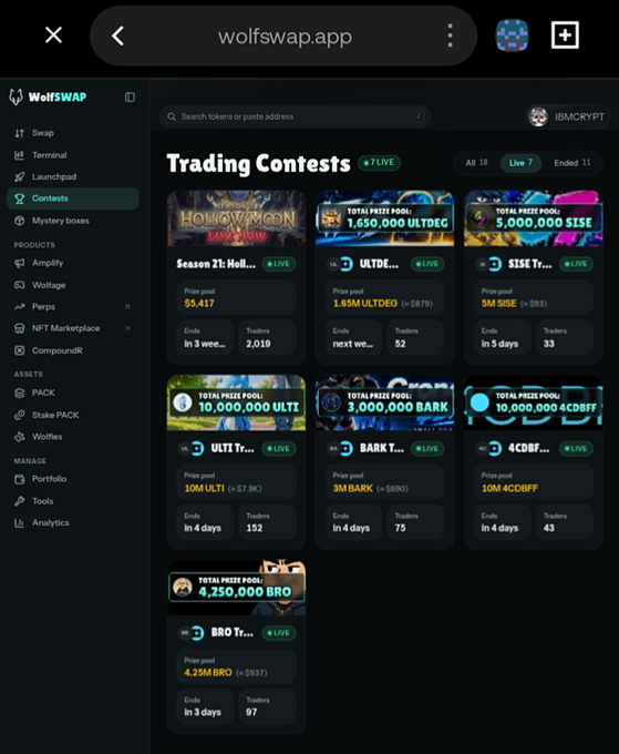 A screenshot of the wolfswap.app website showing active "Trading Contests" with seven live contests featuring various token prize pools including Halloween event, ULTI tokens, SISE tokens, BARK tokens, and BFF tokens, with prize pools and trader counts displayed.