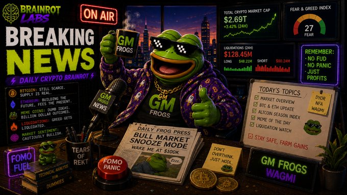 A vibrant 'Brainrot Labs Breaking News' graphic featuring a frog character wearing sunglasses and a 'GM FROGS' shirt, holding a microphone, with crypto market stats including a $2.69T market cap and Fear & Greed Index of 27.