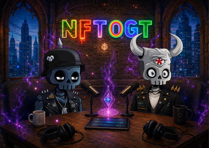 A digital illustration of two cartoon skull characters at a podcast table with microphones, set in a gothic room with neon 'NFT TO GT' signage and a cityscape visible through windows.