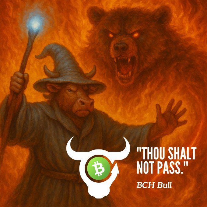 Fantasy artwork showing a cow wizard with a staff facing a fiery demonic bear, overlaid with a Bitcoin Cash (BCH) bull logo and the text 'Thou shalt not pass.' - BCH Bull.