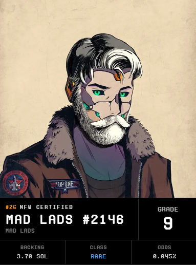 The image is an NFT profile card from NFW (NFT World) showing character #2146 "Mad Lads," with the caption noting its 3.70 SOL backing, "RARE" class, and Grade 9 rating. The poster is showcasing their Mad Lads NFT deposit to NFW, pointing out its 3.7 SOL backing against an implied ~7 SOL floor price, and asking followers how long it should remain earning yields before withdrawing.