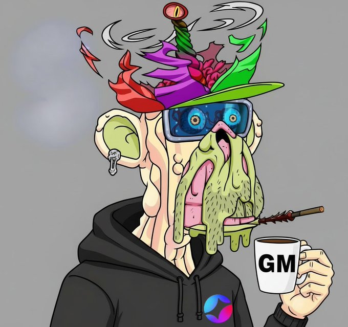 The image features a cartoon monkey wearing glasses and holding a cup of coffee while standing against a gray background. The monkey appears to be dressed in a black hoodie, adding a touch of humor to the scene. The caption below the image reads "Good morning @XOOBNetwork + @wallchain fam, Happy weekend to everyone New day, fresh shot to level up".