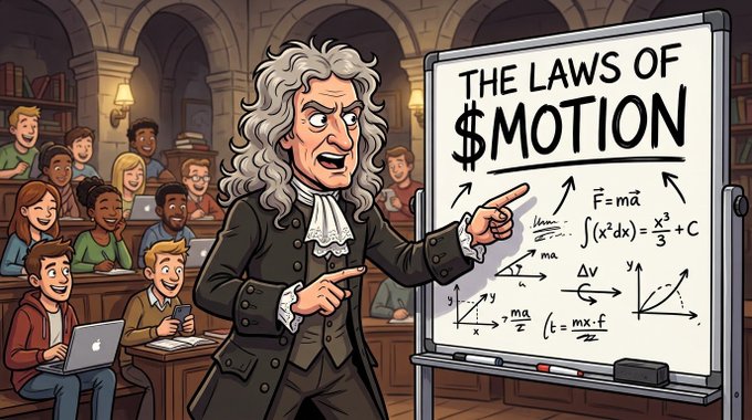 A cartoon illustration of Isaac Newton with wild gray hair pointing at a whiteboard displaying 'THE LAWS OF $MOTION' and physics equations including F=ma, with a classroom of students behind him.
