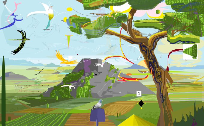 An abstract digital painting depicting a landscape with mountains, fields, and a large tree, featuring floating abstract shapes and birds in the sky.