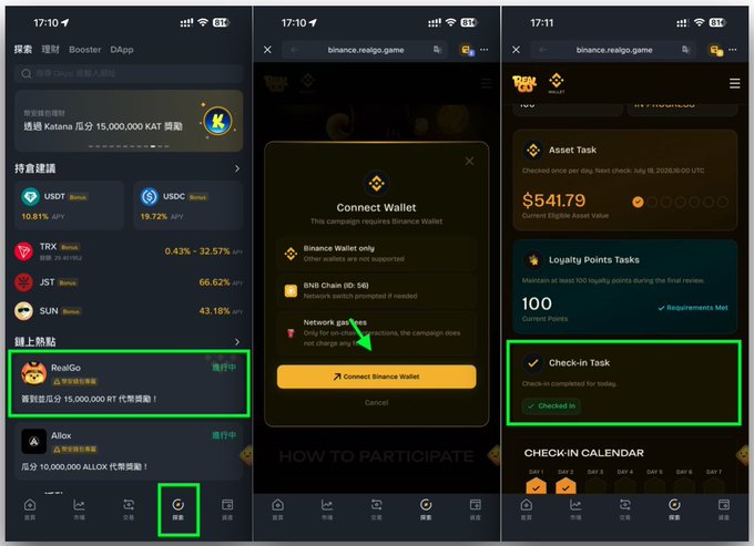 Three screenshots of the Binance app showing the RealGo campaign, 'Connect Wallet' prompt, and 'Check-in Task' completion with $541.79 asset value.