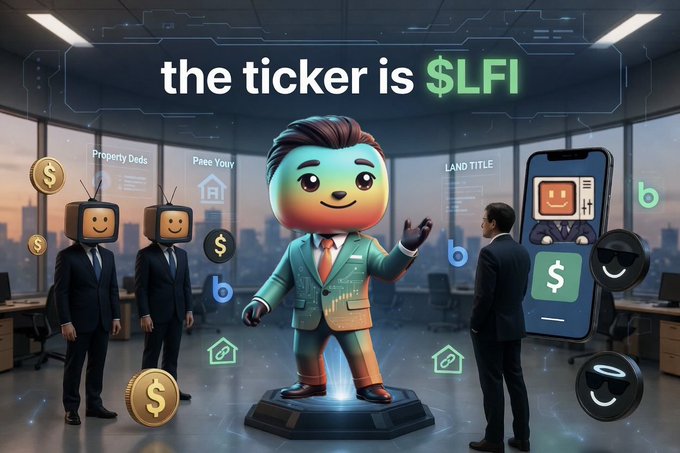 A cartoon character, dressed as a businessman, stands confidently on a podium with a city skyline backdrop and the text "The ticker is $LFI" above it.
