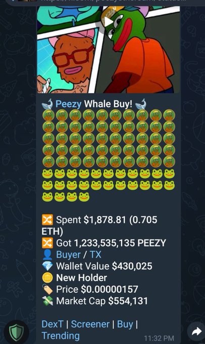 A mobile screenshot shows a crypto transaction for 'Peezy Whale Buy!' with Pepe and duck emojis, detailing a $1,878.81 (0.705 ETH) purchase and a market cap of $554,131.