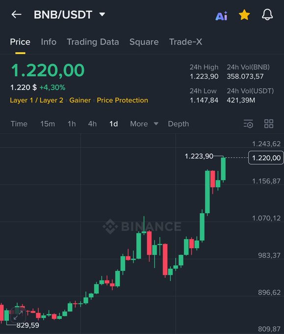 A Binance trading chart shows BNB/USDT at $1,220.00, up 4.30%, with 24h high of $1,223.90 and low of $1,147.84.