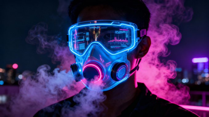 A person wearing a futuristic glowing neon mask with blue and pink lights, surrounded by pink smoke against a dark cityscape background.