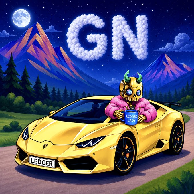 A vibrant digital illustration of a golden-horned skeletal figure wearing a pink fur coat, holding a 'LEDGER LADY' sign, leaning against a yellow Lamborghini with a 'LEDGER' license plate, under a starry sky with 'GW' formed in clouds.