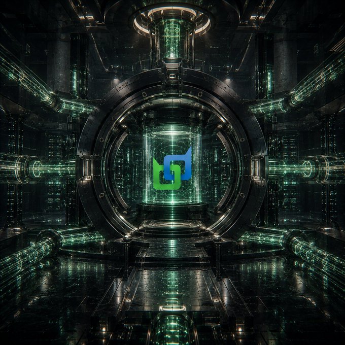 A futuristic, sci-fi style image showing a high-tech cylindrical chamber with green glowing tubes and a central logo featuring a stylized 'g' in blue and green.