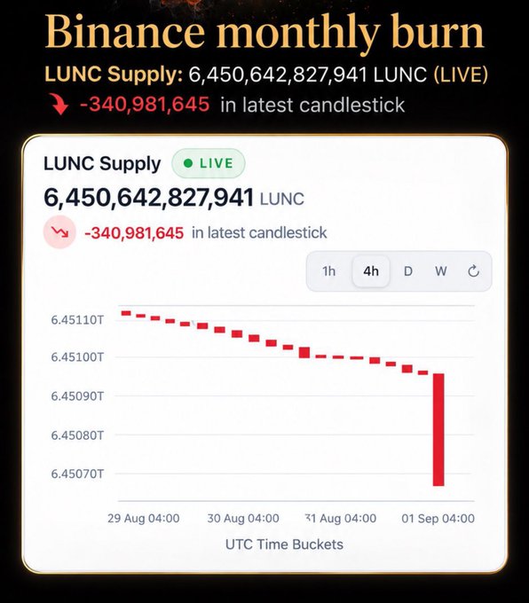 A Binance monthly burn dashboard shows the LUNC supply has decreased by 340,981,645 LUNC in the latest candlestick, bringing the total circulating supply down to 6,450,642,827,941 LUNC, illustrating the significant token burn referenced in the accompanying post.
