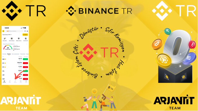 A Binance TR promotional graphic features the "Convert" feature highlights—"Dönüştür," "Sıfır Komisyon," "Hızlı İşlem," and "Binlerce İşlem Çifti"—alongside the Binance TR and "Arjantit Team" logos, illustrating how users can trade crypto without needing the traditional chart and order book screen.