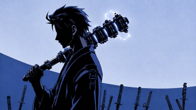 A dark silhouette illustration of an anime character carrying an electrified mace-like weapon on their shoulder, with swords in the background.