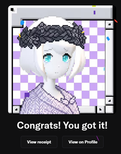A digital pixel art portrait of an anime-style character with white hair, a dark floral crown, and blue eyes against a purple and white checkered background, with text reading 'Congrats! You got it!' and buttons for 'View receipt' and 'View on Profile'.