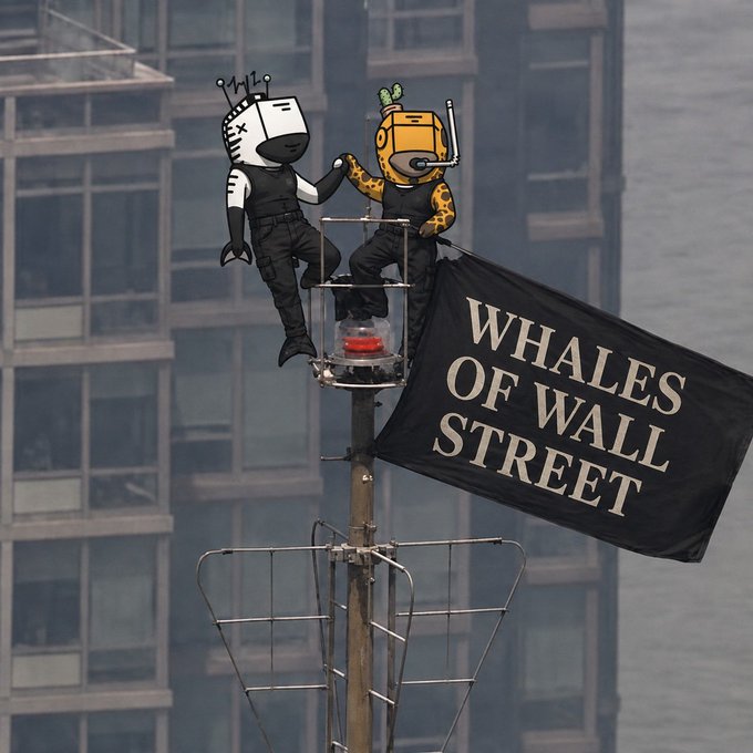 An image showing two cartoon NFT-style characters sitting on a beacon light with a flag reading 'WHALES OF WALL STREET' against a backdrop of skyscrapers.