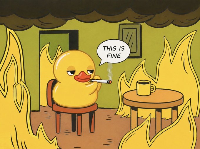 The "This is fine" meme featuring a cartoon duck smoking a cigarette while sitting calmly in a burning room with flames all around.