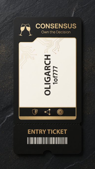 A black and gold 'CONSENSUS Own the Decision' entry ticket for 'OLIGARCH 1of777' with a barcode.