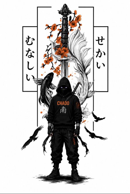 A black and white illustration with red cherry blossoms depicts a hooded figure wearing a 'CHAO' sweatshirt, standing before a large sword with Japanese text in surrounding panels.