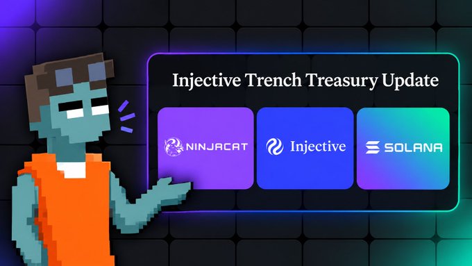 A promotional graphic features a pixelated zombie character next to a neon-bordered display announcing the 'Injective Trench Treasury Update' with logos for NINJACAT, Injective, and SOLANA.