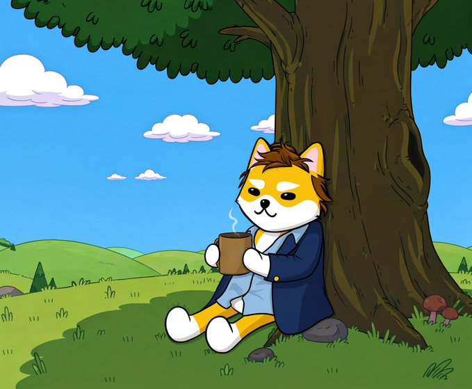 A cartoon illustration shows a dog character dressed in a blue coat sitting against a large tree in a grassy field, holding a steaming brown mug under a sunny sky.
